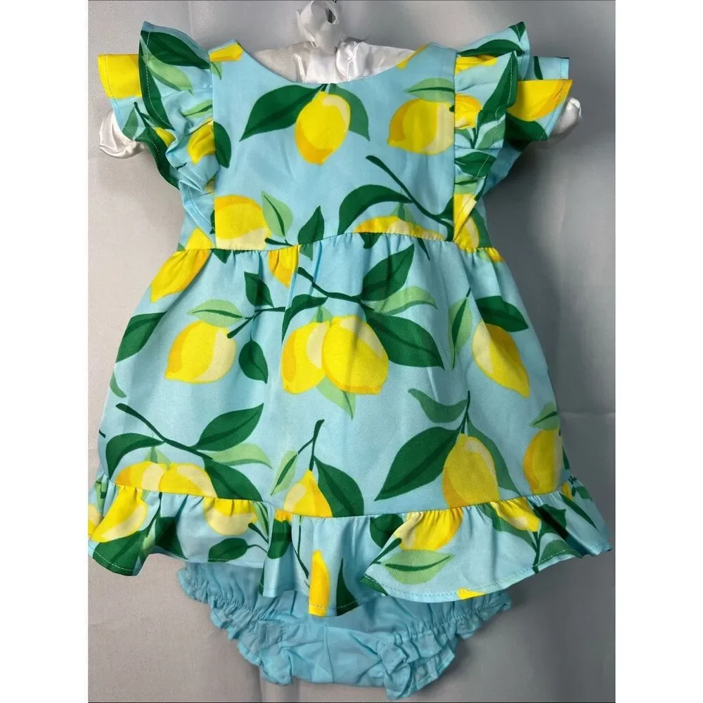 Janie and Jack Lemon Print Dress & Bloomers - Blue, Yellow, Green size 3-6 m NWT